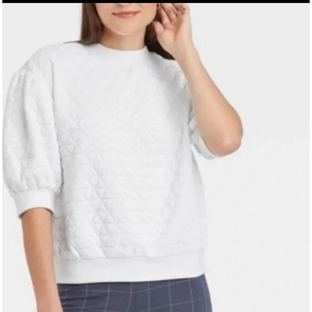 a new day Shirt PLUS XXL 2X White Quilted Puff Sleeve Top Casual NWT NEW